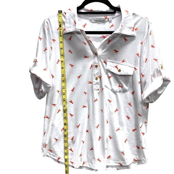 Emily Daniels Polo Top,‎ Size Medium, Lobster Print, Roll Tab Short Sleeve NEW - Picture 10 of 12